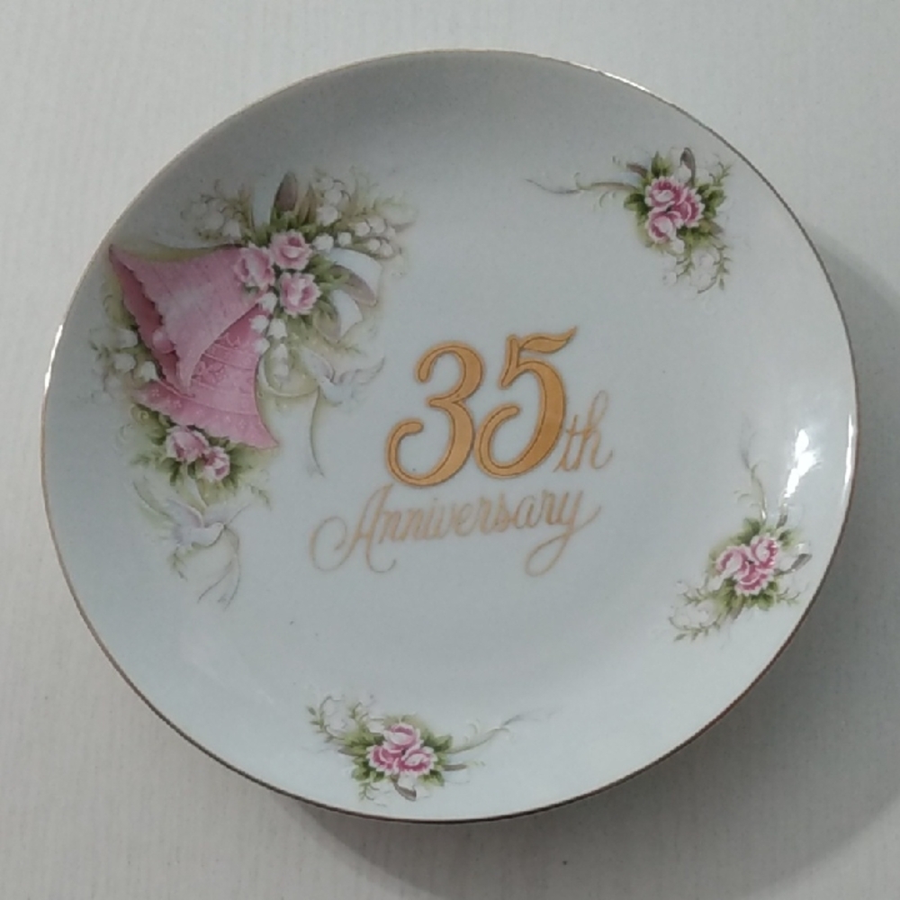 Enesco 35th‎ Anniversary Plate Pink Floral Gold Trim 8.5